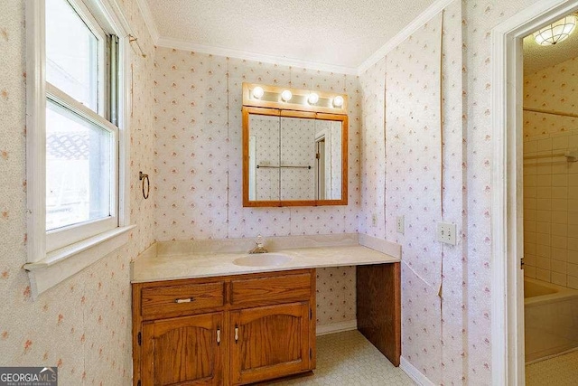 bathroom with vanity, ornamental molding, and a washtub