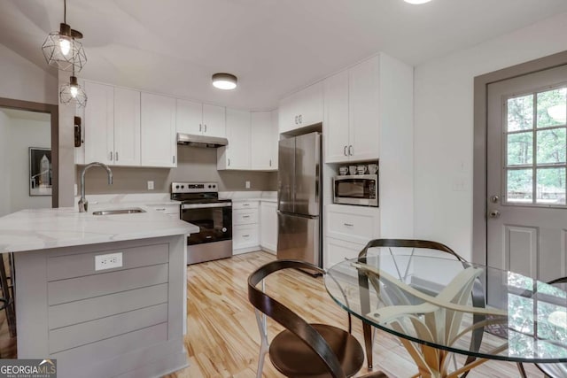 kitchen featuring a peninsula, under cabinet range hood, a sink, light wood-style flooring, and stainless steel appliances