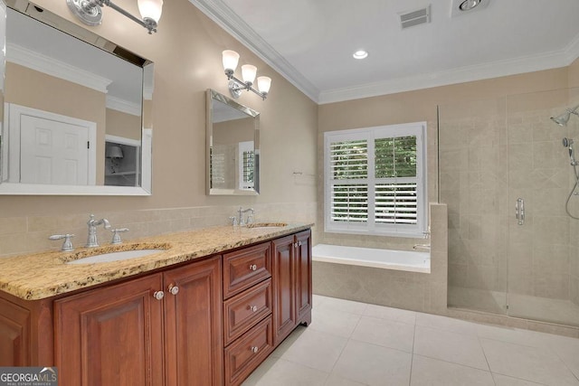 4810 Duncans Lake Dr, Buford, GA 30519 - full bath featuring a bath, tile patterned floors, a stall shower, ornamental molding, and double vanity