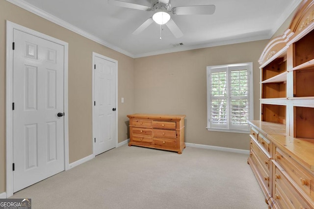 4810 Duncans Lake Dr, Buford, GA 30519 - bedroom with baseboards, light carpet, ornamental molding, and ceiling fan