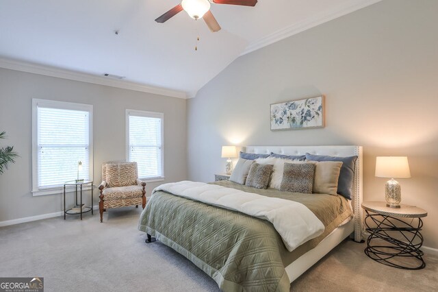 carpeted bedroom featuring crown molding, baseboards, lofted ceiling, and visible vents