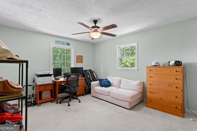 carpeted office featuring ceiling fan, a textured ceiling, and a wealth of natural light