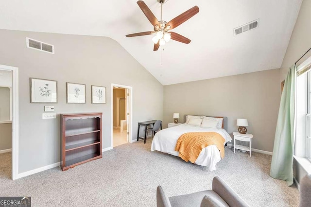 carpeted bedroom with baseboards, ceiling fan, vaulted ceiling, and visible vents