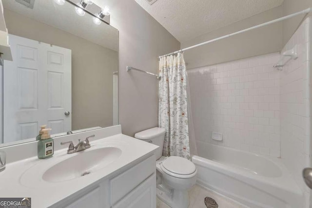 full bathroom with toilet, a textured ceiling, shower / bath combo with shower curtain, and vanity