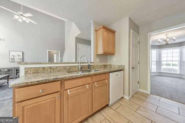 kitchen featuring a sink, light stone countertops, a textured ceiling, and dishwasher
