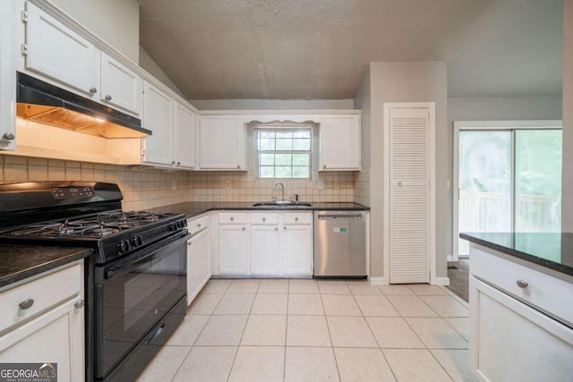 2132 Sara Ashley Way, Lithonia, GA 30058 - kitchen with gas stove, stainless steel dishwasher, under cabinet range hood, a sink, and backsplash