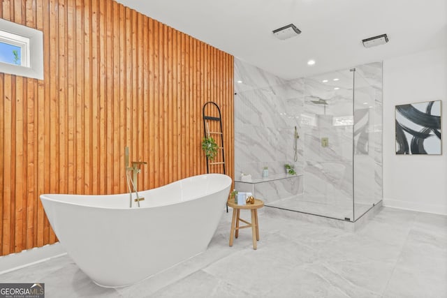 34 Candler Rd NE, Atlanta, GA 30317 - bathroom featuring a freestanding tub, visible vents, a marble finish shower, and marble finish floor