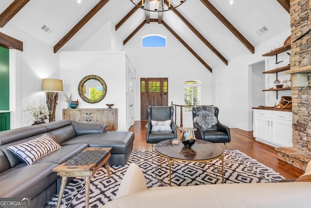 703 Cherokee Hls, Hiawassee, GA 30546 - living room featuring beam ceiling, visible vents, wood finished floors, and high vaulted ceiling