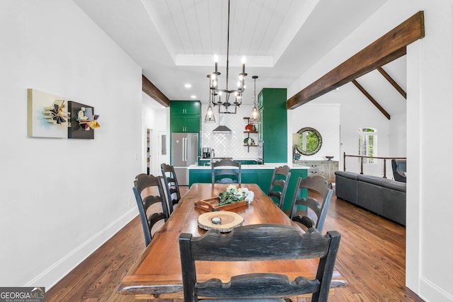 703 Cherokee Hls, Hiawassee, GA 30546 - dining space featuring dark wood finished floors, a chandelier, baseboards, and beam ceiling