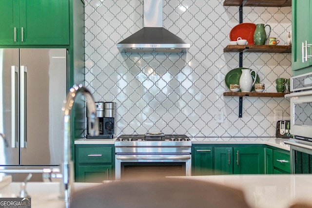 703 Cherokee Hls, Hiawassee, GA 30546 - kitchen featuring open shelves, wall chimney range hood, appliances with stainless steel finishes, and green cabinets