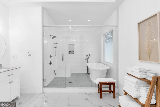 703 Cherokee Hls, Hiawassee, GA 30546 - bathroom featuring a stall shower, recessed lighting, baseboards, marble finish floor, and vanity