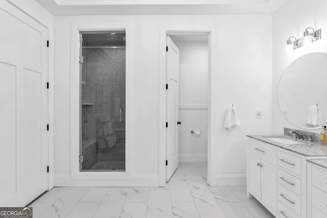703 Cherokee Hls, Hiawassee, GA 30546 - full bath with a stall shower, a wainscoted wall, baseboards, marble finish floor, and vanity
