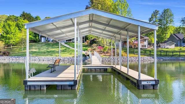 703 Cherokee Hls, Hiawassee, GA 30546 - view of dock featuring a yard, a water view, and fence