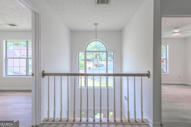 interior space featuring a textured ceiling, baseboards, wood finished floors, and visible vents