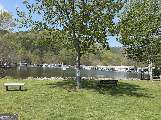 view of community featuring a lawn, a water view, and a view of trees