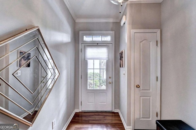 2695 Ridge Run Trl, Duluth, GA 30097 - doorway featuring crown molding, stairs, baseboards, and wood finished floors