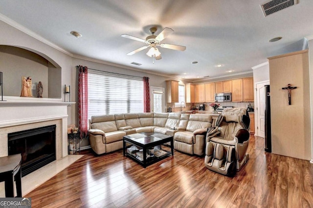 2695 Ridge Run Trl, Duluth, GA 30097 - living room with visible vents, a ceiling fan, crown molding, and wood finished floors