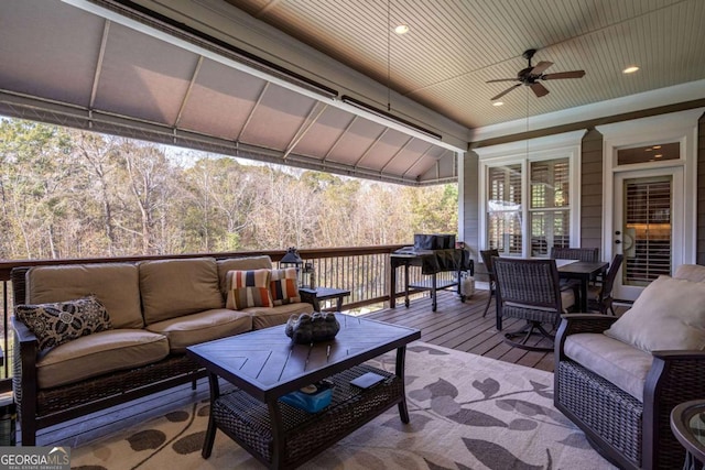 431 Tralee Ct, Statham, GA 30666 - deck with an outdoor living space, a ceiling fan, outdoor dining area, and wine cooler