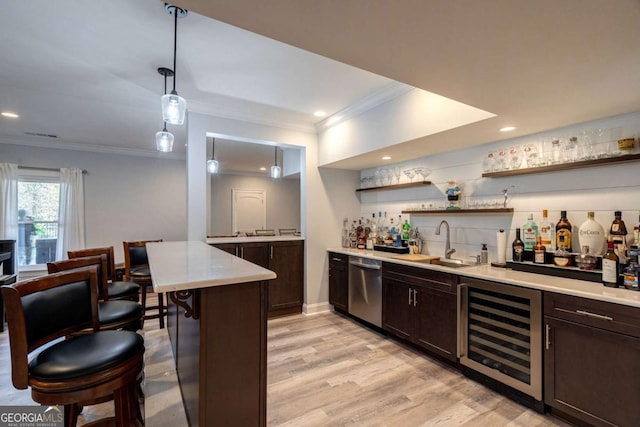 431 Tralee Ct, Statham, GA 30666 - indoor wet bar with beverage cooler, stainless steel dishwasher, crown molding, light wood-type flooring, and decorative light fixtures