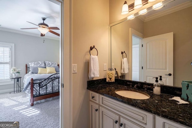 431 Tralee Ct, Statham, GA 30666 - bathroom featuring crown molding, a ceiling fan, and vanity