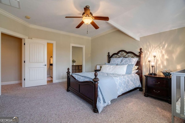 431 Tralee Ct, Statham, GA 30666 - bedroom with carpet floors, ornamental molding, a ceiling fan, and ensuite bathroom