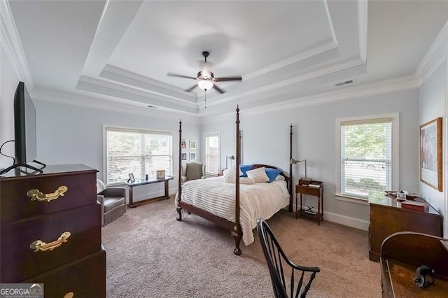17 Lexington Ct, Dallas, GA 30157 - bedroom with a tray ceiling, light carpet, a ceiling fan, and crown molding