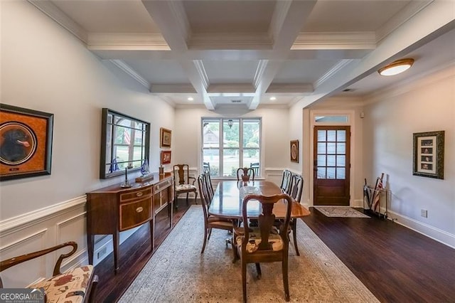 17 Lexington Ct, Dallas, GA 30157 - dining room featuring dark wood-style floors, beamed ceiling, coffered ceiling, ornamental molding, and wainscoting