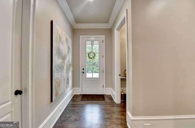 1898 Sam Snead Dr, Braselton, GA 30517 - doorway to outside with baseboards, ornamental molding, and dark wood-type flooring