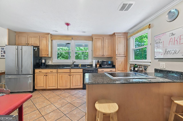 100 Tanglewood Rd, Eatonton, GA 31024 - dining space featuring baseboards, ornamental molding, ceiling fan with notable chandelier, and light tile patterned floors