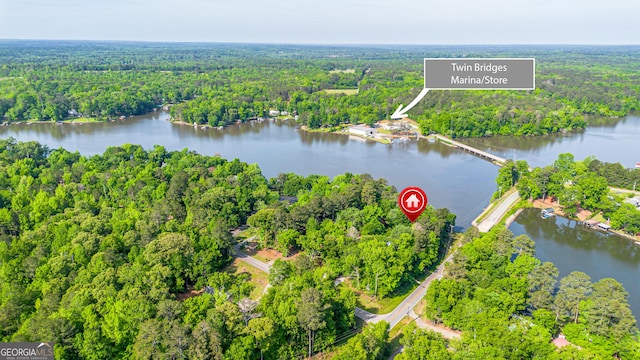 100 Tanglewood Rd, Eatonton, GA 31024 - birds eye view of property with a water view and a wooded view