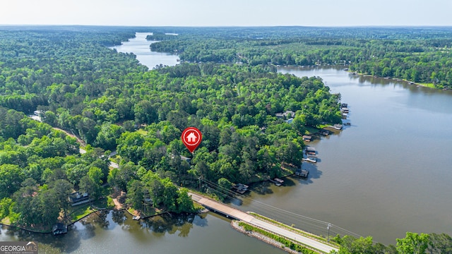 100 Tanglewood Rd, Eatonton, GA 31024 - drone / aerial view with a water view and a wooded view