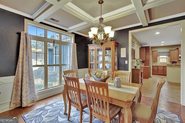 dining room with an inviting chandelier, coffered ceiling, visible vents, and a healthy amount of sunlight