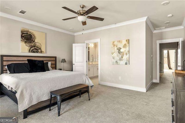 bedroom with crown molding, light colored carpet, and visible vents