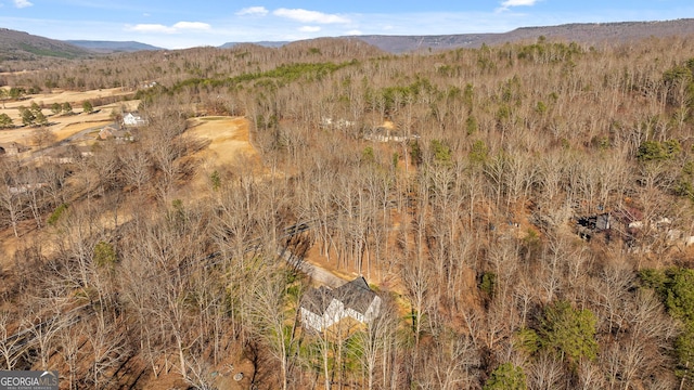 birds eye view of property featuring a wooded view and a mountain view