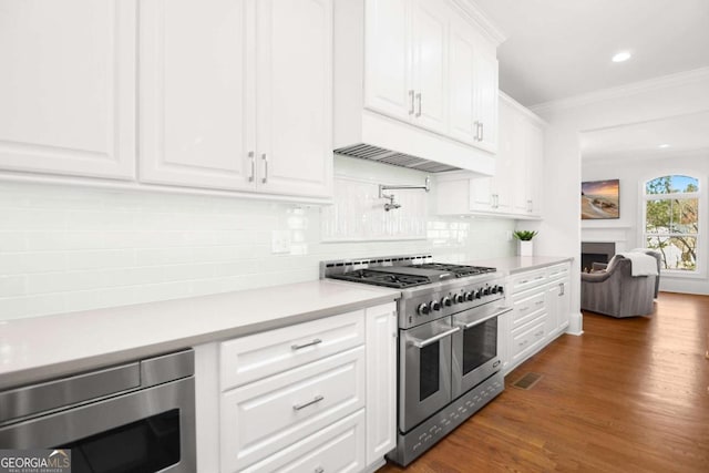 kitchen with decorative backsplash, ornamental molding, light countertops, white cabinetry, and appliances with stainless steel finishes
