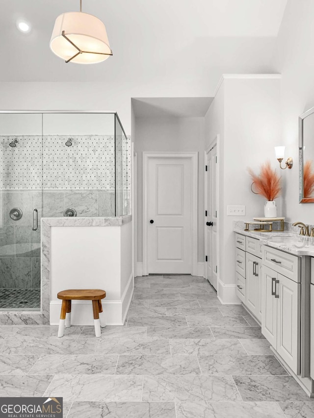 full bathroom with vanity, marble finish floor, recessed lighting, baseboards, and a shower stall