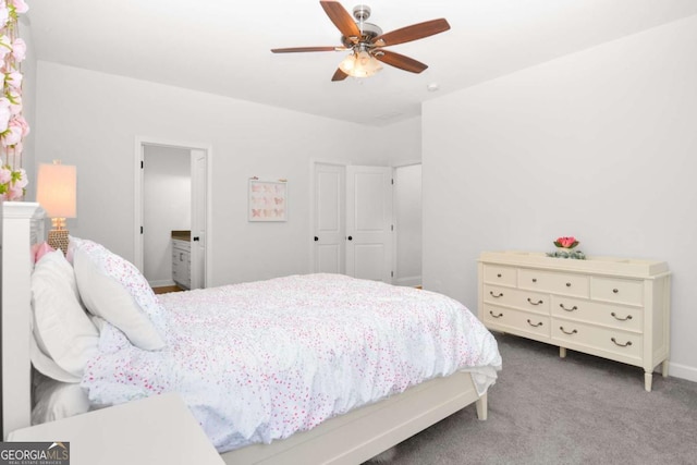bedroom featuring baseboards, carpet, and ceiling fan