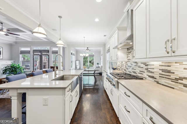 kitchen featuring wall chimney range hood, a sink, stainless steel appliances, decorative backsplash, and dark wood-style floors
