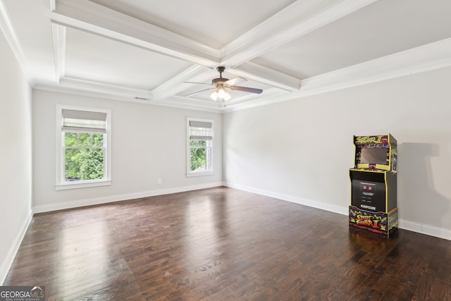 unfurnished room with a ceiling fan, dark wood-style flooring, beam ceiling, baseboards, and coffered ceiling