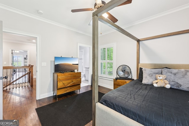 bedroom with crown molding, baseboards, ceiling fan, and wood finished floors