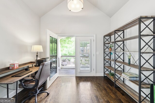 home office with baseboards, vaulted ceiling, and wood finished floors