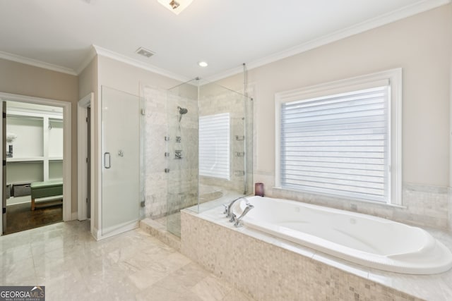 bathroom featuring crown molding, a shower stall, a garden tub, and visible vents