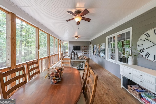 150 Shady Grove Ln, Alpharetta, GA 30009 - sunroom with hardwood / wood-style flooring, ceiling fan, and crown molding