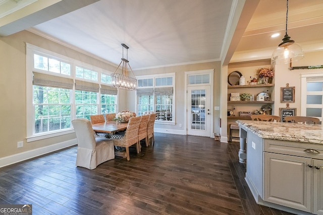 150 Shady Grove Ln, Alpharetta, GA 30009 - dining space with ornamental molding, dark wood finished floors, a chandelier, and baseboards