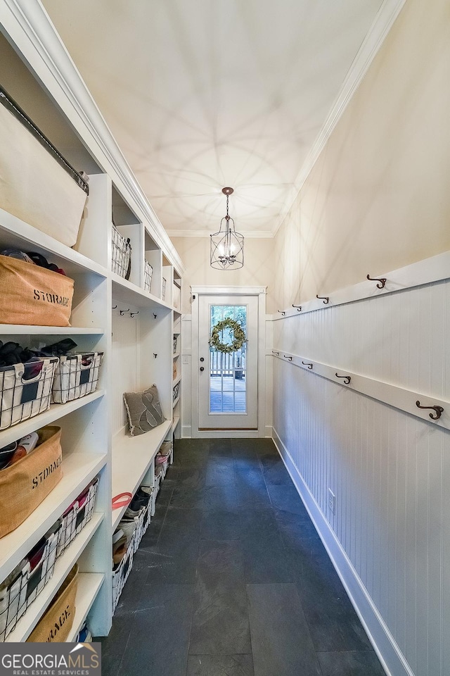 150 Shady Grove Ln, Alpharetta, GA 30009 - mudroom featuring a chandelier and crown molding