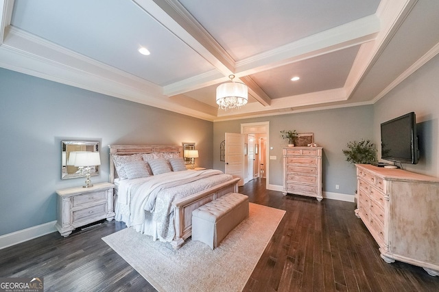 150 Shady Grove Ln, Alpharetta, GA 30009 - bedroom featuring coffered ceiling, beam ceiling, ornamental molding, a chandelier, and baseboards