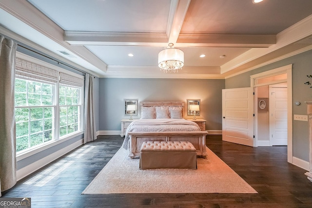 150 Shady Grove Ln, Alpharetta, GA 30009 - bedroom featuring crown molding, a chandelier, dark wood-type flooring, baseboards, and coffered ceiling