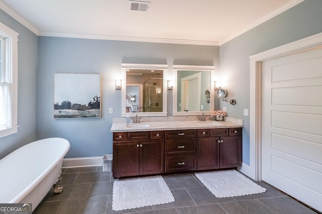 150 Shady Grove Ln, Alpharetta, GA 30009 - full bathroom featuring a stall shower, double vanity, crown molding, baseboards, and a soaking tub