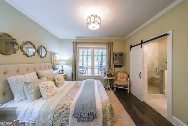 150 Shady Grove Ln, Alpharetta, GA 30009 - bedroom with dark wood finished floors, a barn door, crown molding, and connected bathroom