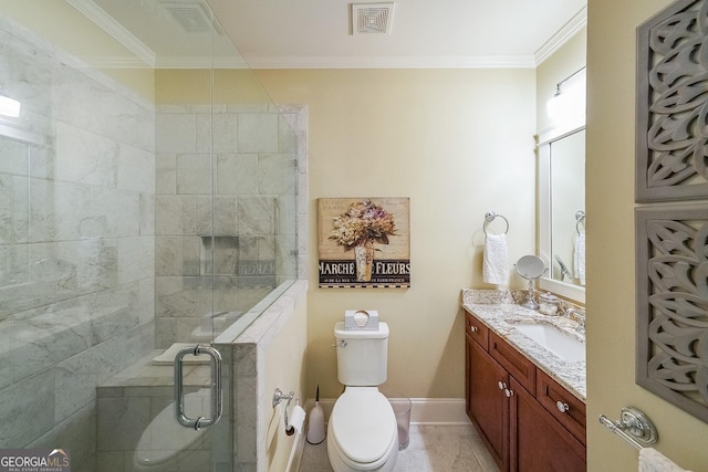 150 Shady Grove Ln, Alpharetta, GA 30009 - bathroom with a stall shower, crown molding, toilet, vanity, and baseboards